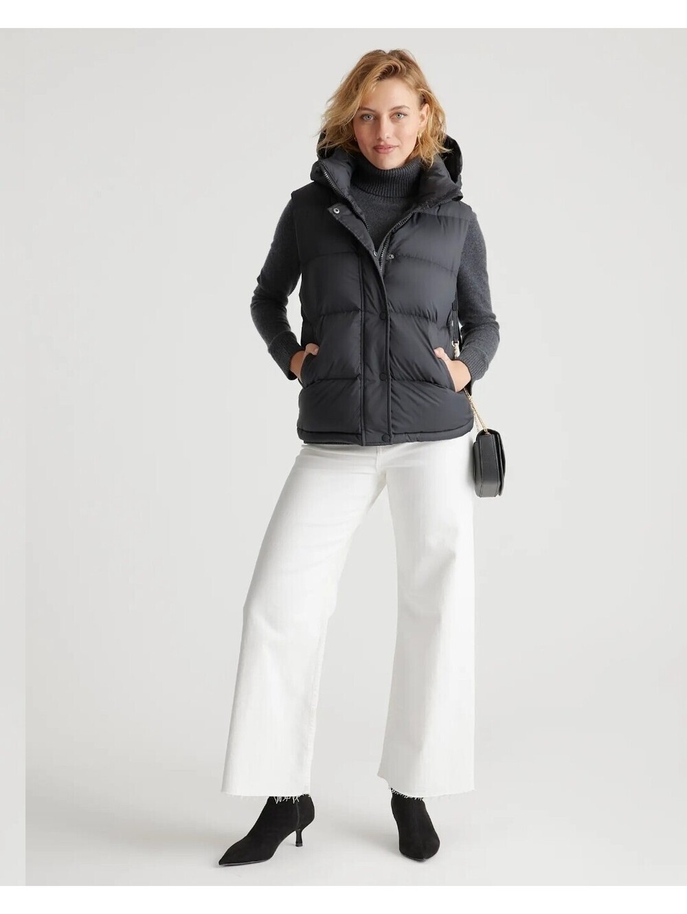 Quince Responsible Down Puffer Vest Womens L Black Hooded $105